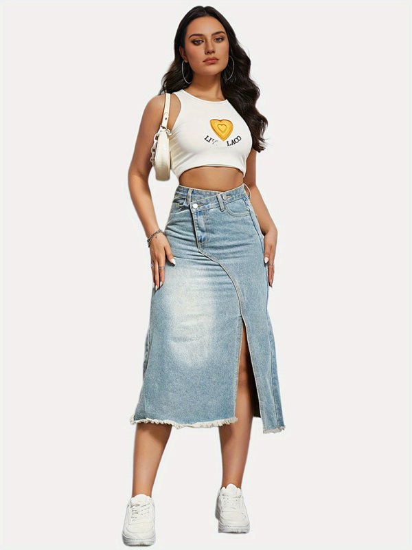 Versatile American retro denim fashionable slit splicing mid - length a - line skirt - Bottoms
