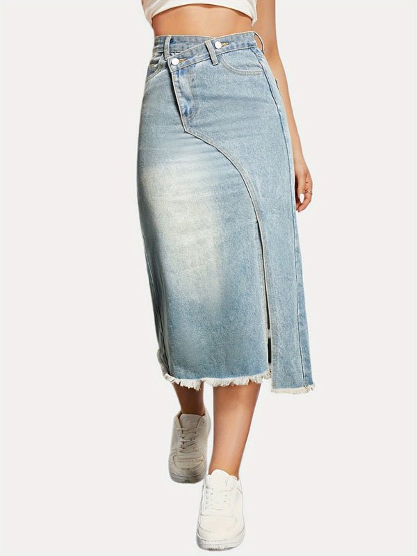 Versatile American retro denim fashionable slit splicing mid - length a - line skirt - Bottoms