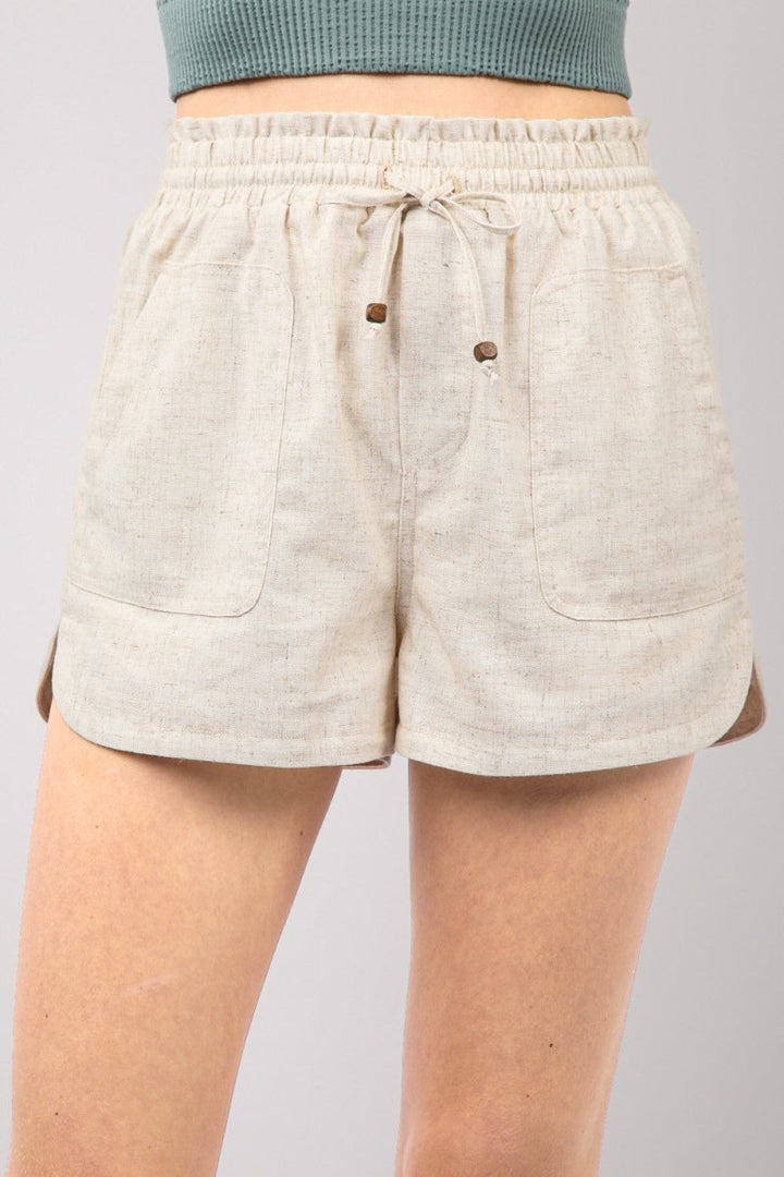 VERY J Drawstring Elastic Waist Linen Shorts - Bottoms