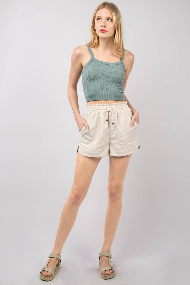 VERY J Drawstring Elastic Waist Linen Shorts - Bottoms