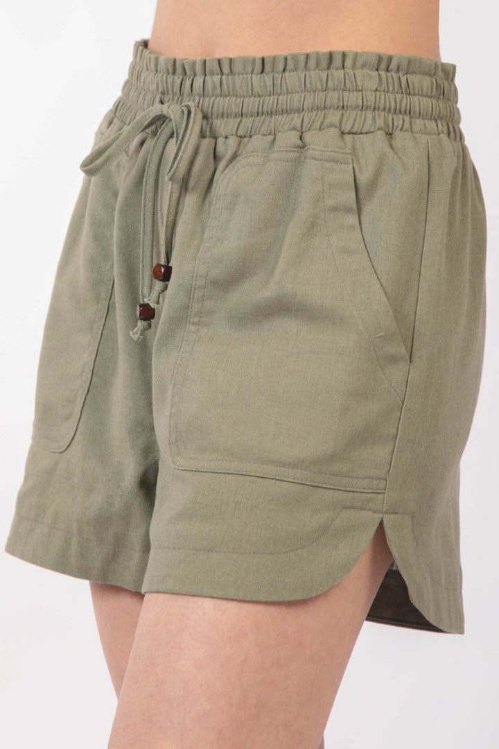 VERY J Drawstring Elastic Waist Linen Shorts - Bottoms