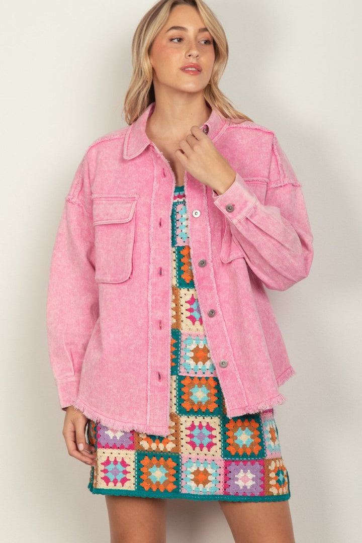VERY J Full Size Button Up Raw Hem Long Sleeve Jacket - Outerwear