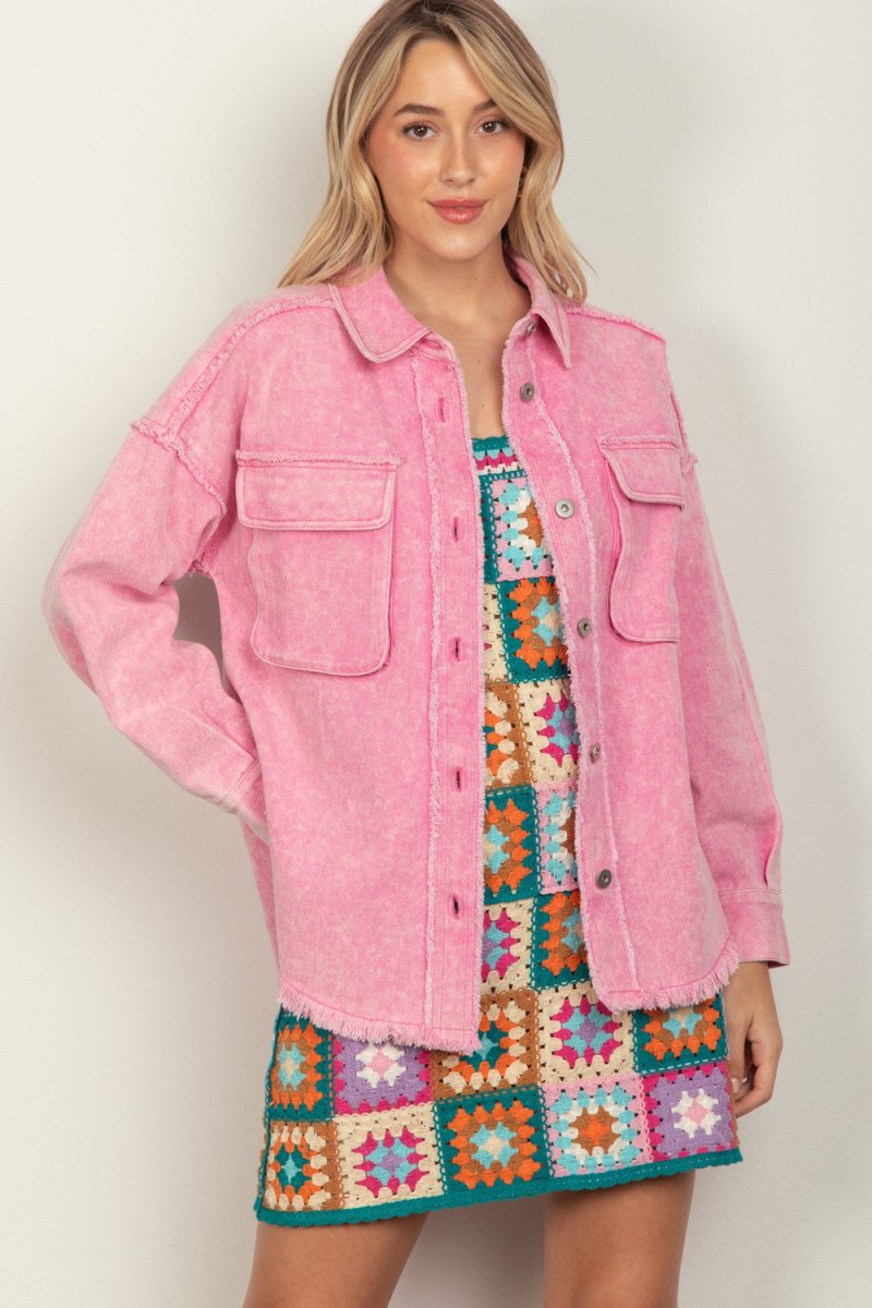 VERY J Full Size Button Up Raw Hem Long Sleeve Jacket - Outerwear