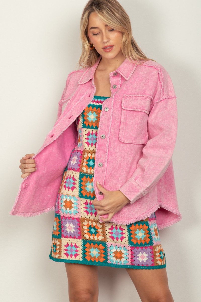 VERY J Full Size Button Up Raw Hem Long Sleeve Jacket - Outerwear