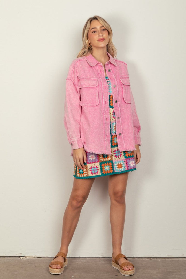 VERY J Full Size Button Up Raw Hem Long Sleeve Jacket - Outerwear