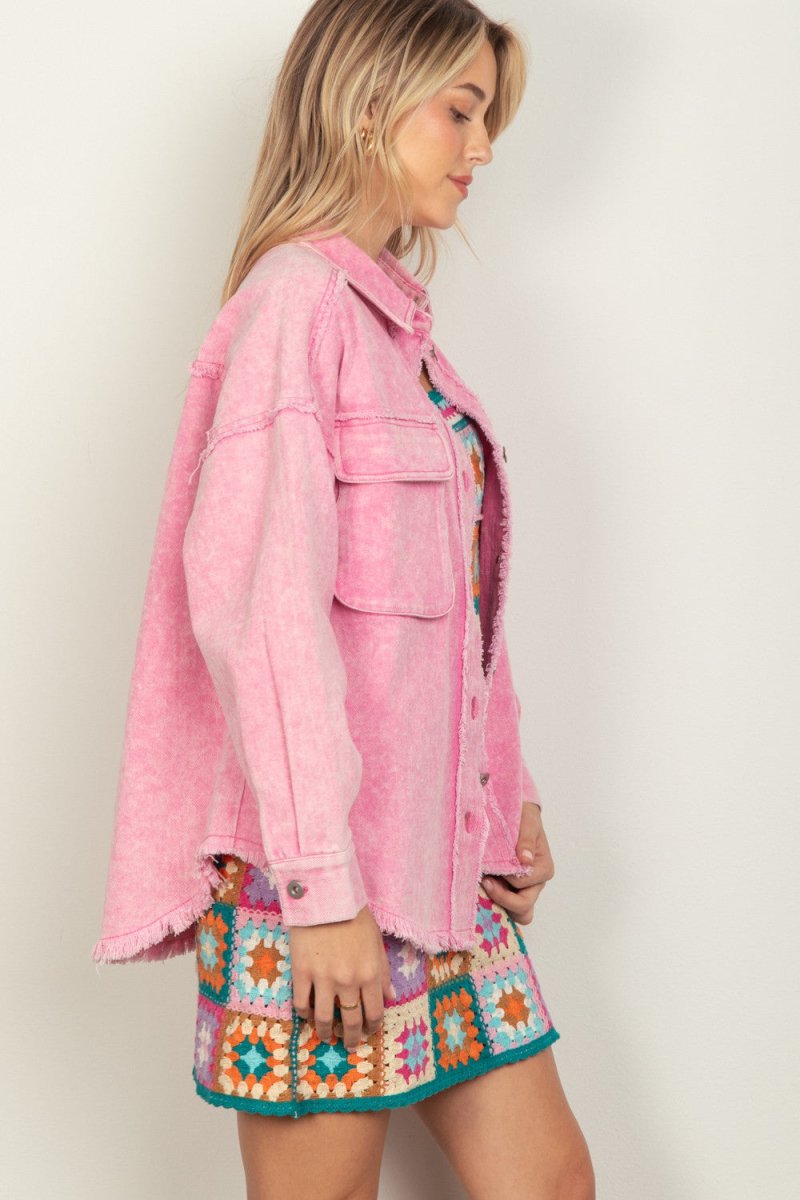 VERY J Full Size Button Up Raw Hem Long Sleeve Jacket - Outerwear