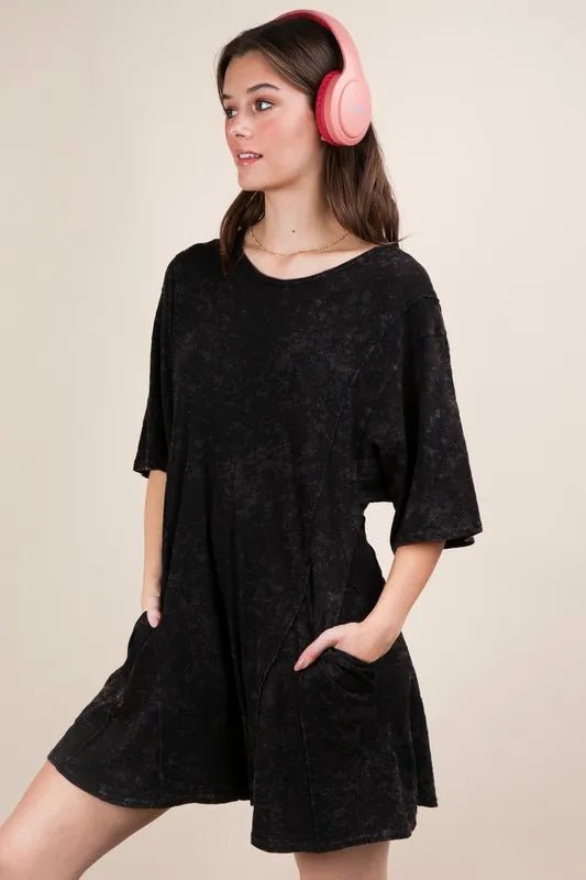 VERY J Mineral Washed Oversized Knit Comfy Romper - 