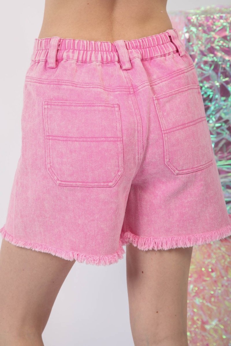 VERY J Washed Raw Hem Denim Shorts - Bottoms