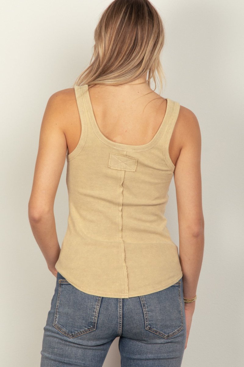 VERY J Washed Ribbed Tank with Placket Detail - Top