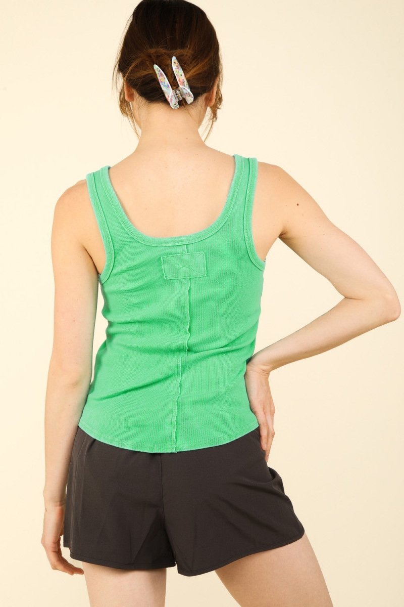 VERY J Washed Ribbed Tank with Placket Detail - Top