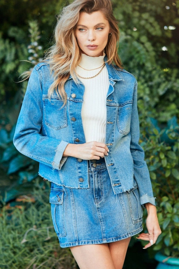 Veveret Button Up Raw Hem Denim Jacket - Outerwear