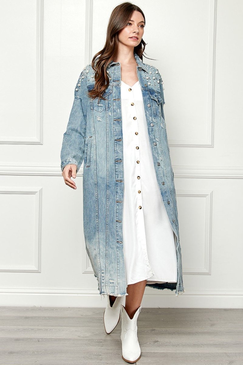 Veveret Full Size Distressed Raw Hem Pearl Detail Button Up Jacket - Outerwear
