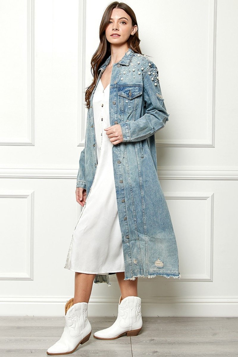 Veveret Full Size Distressed Raw Hem Pearl Detail Button Up Jacket - Outerwear