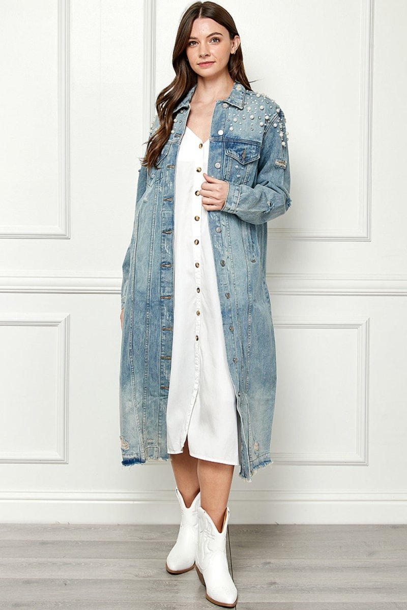 Veveret Full Size Distressed Raw Hem Pearl Detail Button Up Jacket - Outerwear