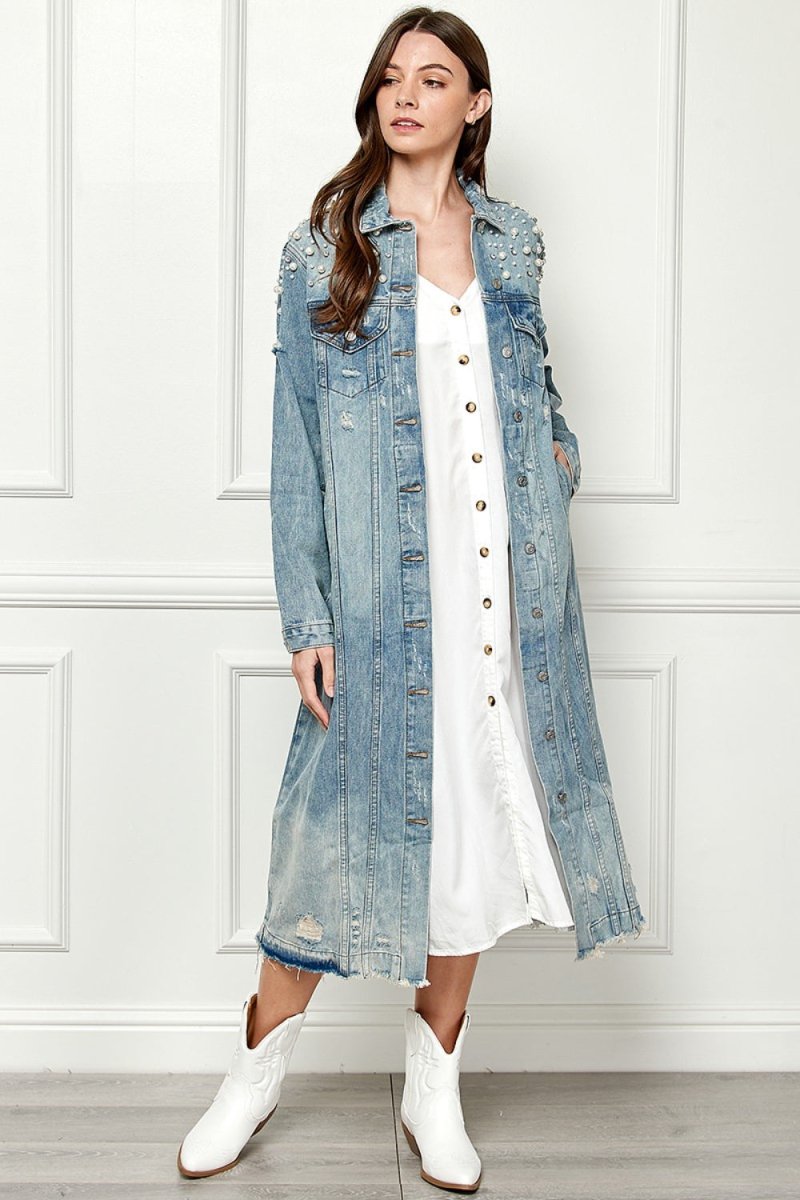 Veveret Full Size Distressed Raw Hem Pearl Detail Button Up Jacket - Outerwear