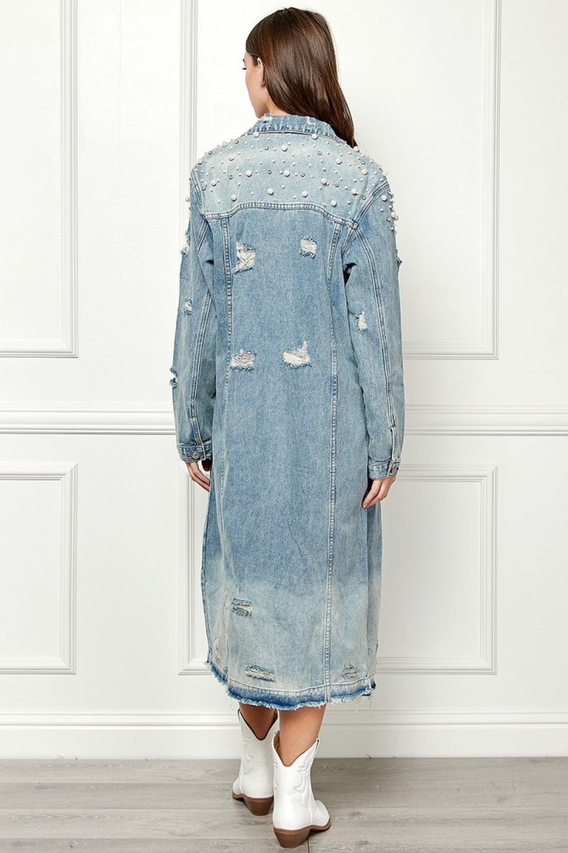 Veveret Full Size Distressed Raw Hem Pearl Detail Button Up Jacket - Outerwear