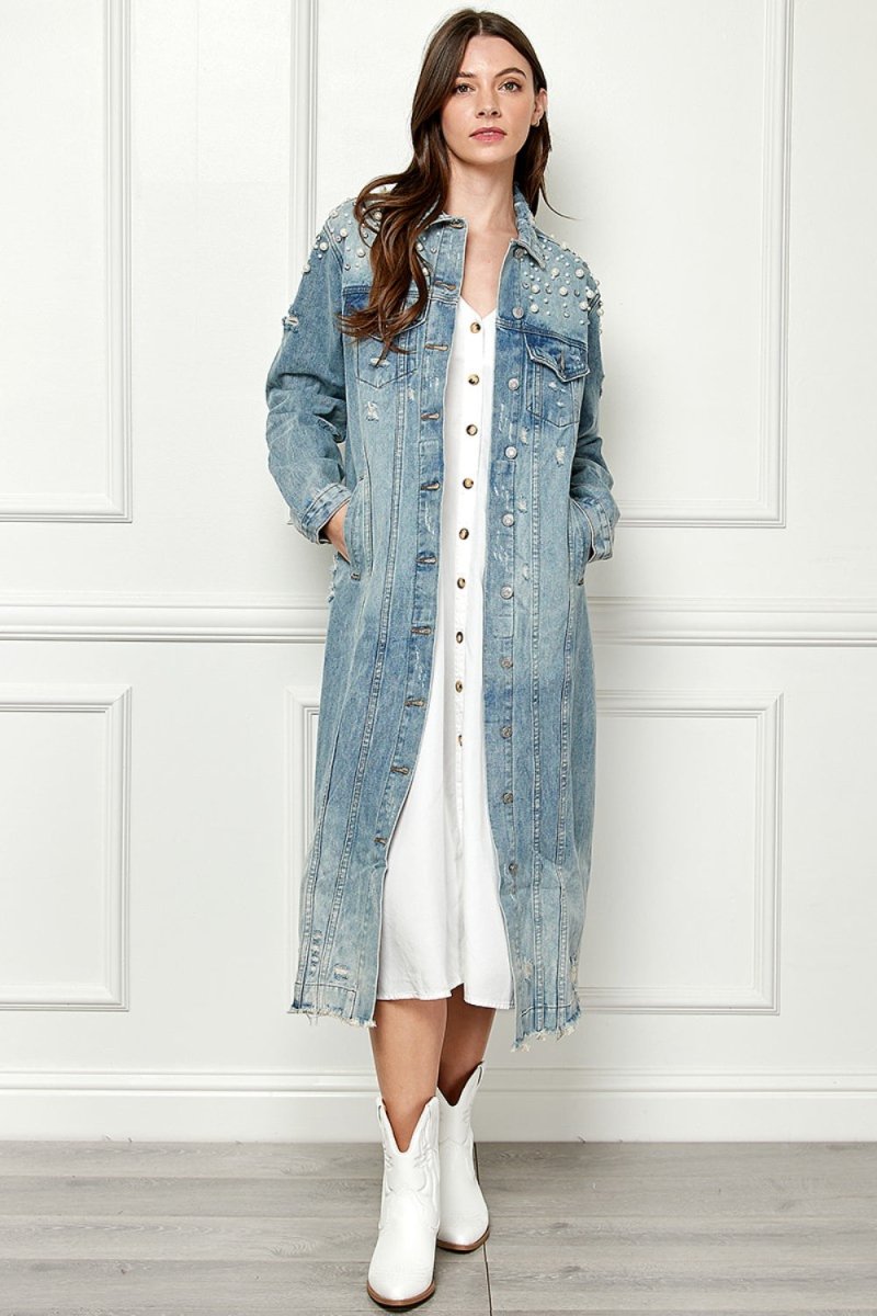 Veveret Full Size Distressed Raw Hem Pearl Detail Button Up Jacket - Outerwear