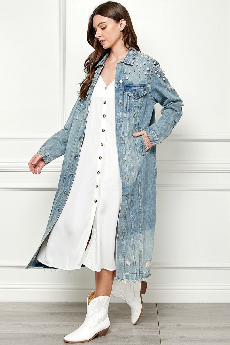 Veveret Full Size Distressed Raw Hem Pearl Detail Button Up Jacket - Outerwear
