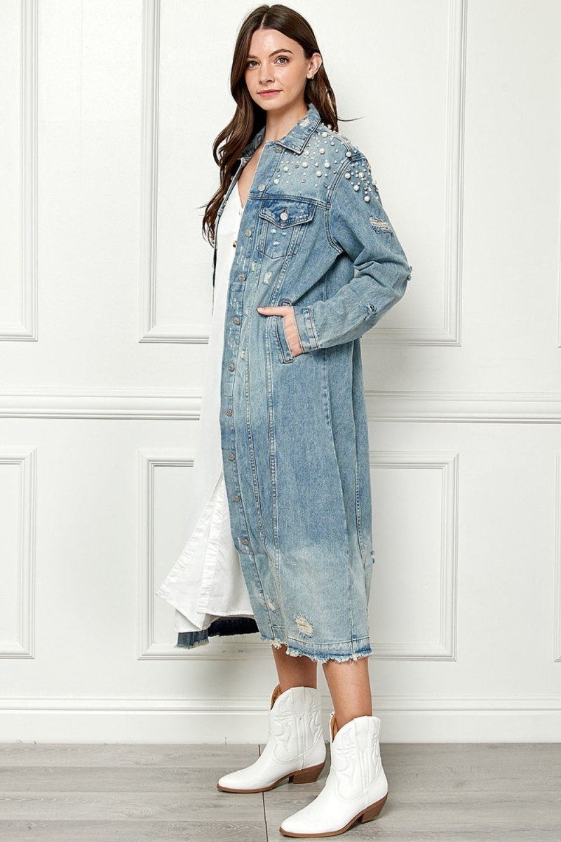 Veveret Full Size Distressed Raw Hem Pearl Detail Button Up Jacket - Outerwear