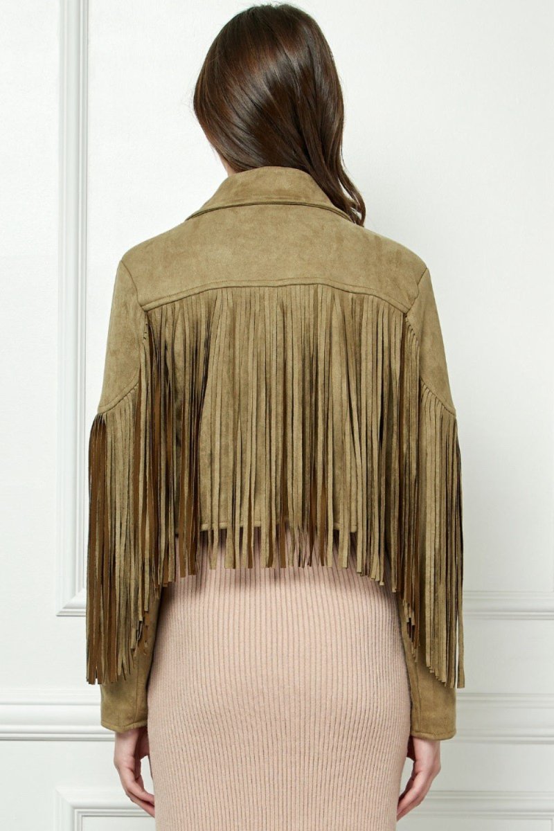 Veveret Suede Fringe Long Sleeve Moto Jacket - Outerwear