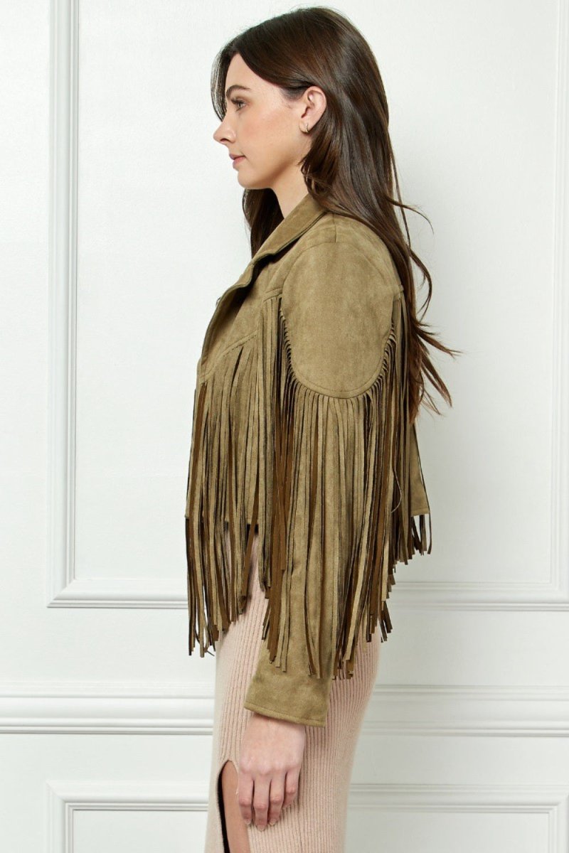 Veveret Suede Fringe Long Sleeve Moto Jacket - Outerwear