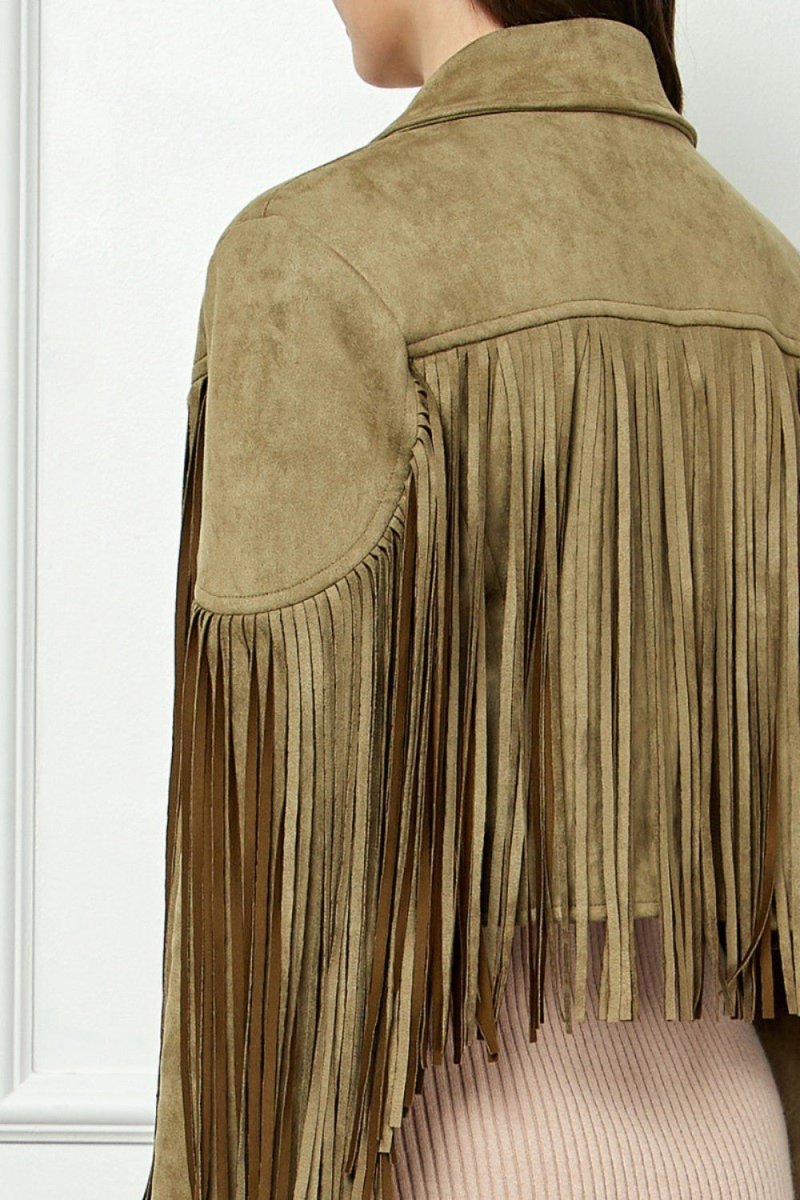 Veveret Suede Fringe Long Sleeve Moto Jacket - Outerwear
