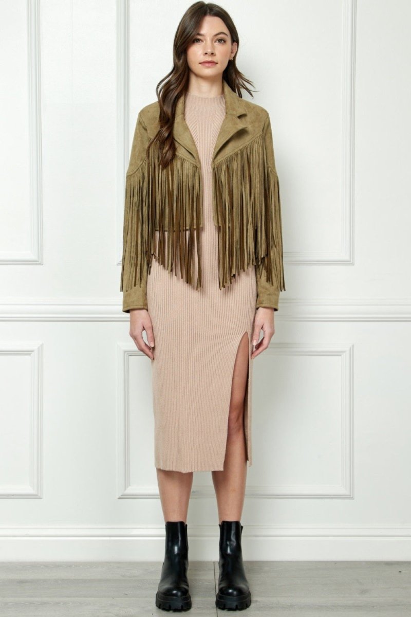 Veveret Suede Fringe Long Sleeve Moto Jacket - Outerwear