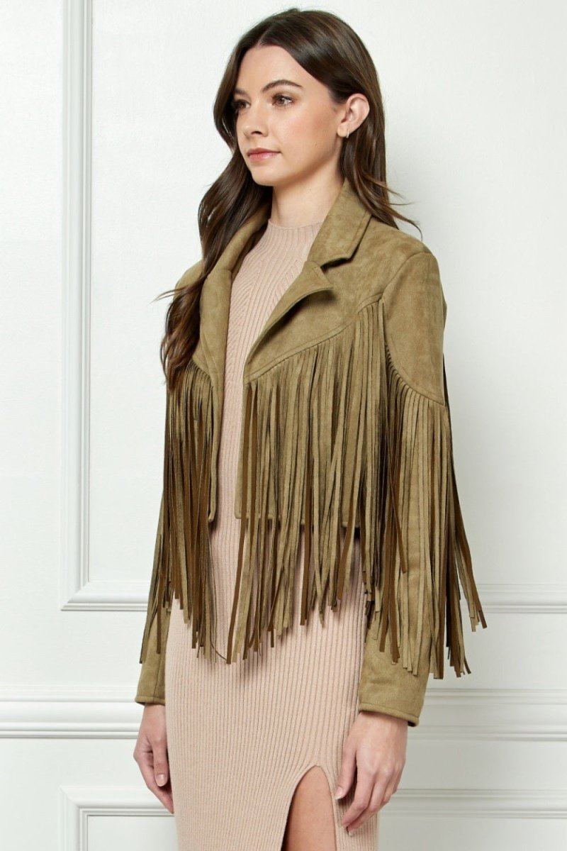Veveret Suede Fringe Long Sleeve Moto Jacket - Outerwear