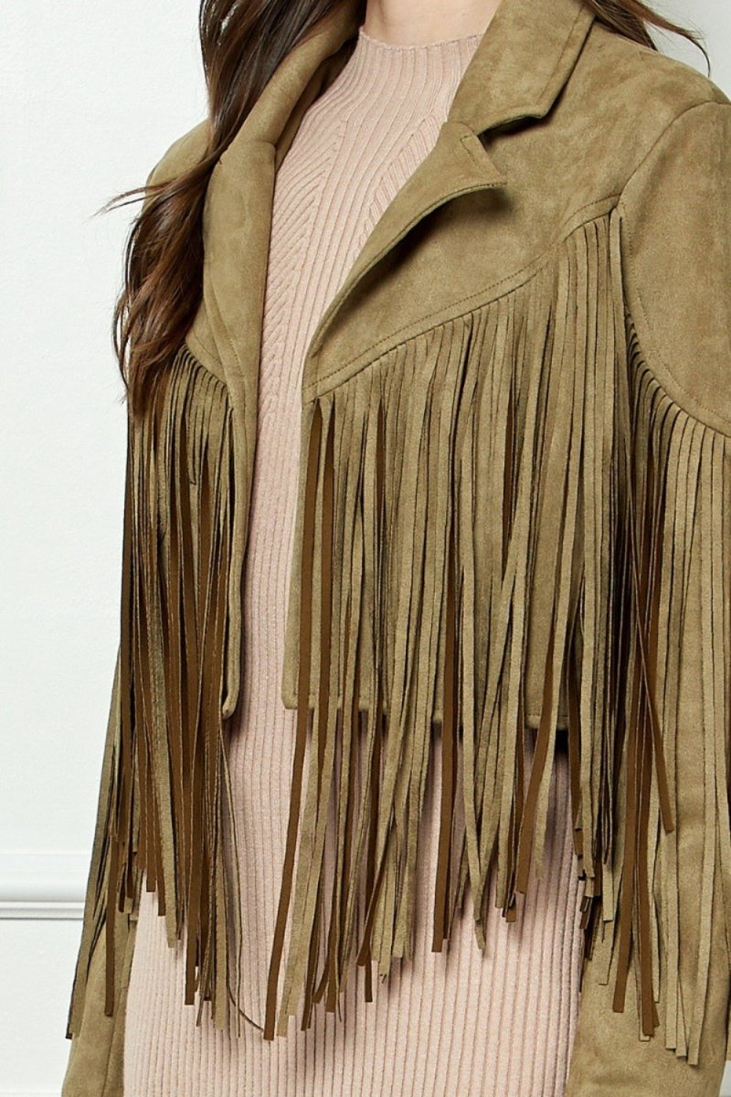 Veveret Suede Fringe Long Sleeve Moto Jacket - Outerwear