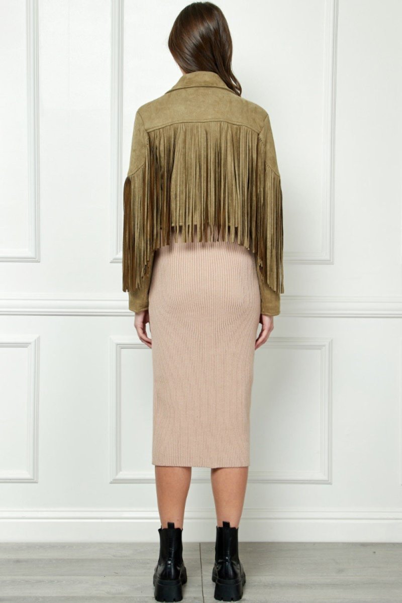 Veveret Suede Fringe Long Sleeve Moto Jacket - Outerwear