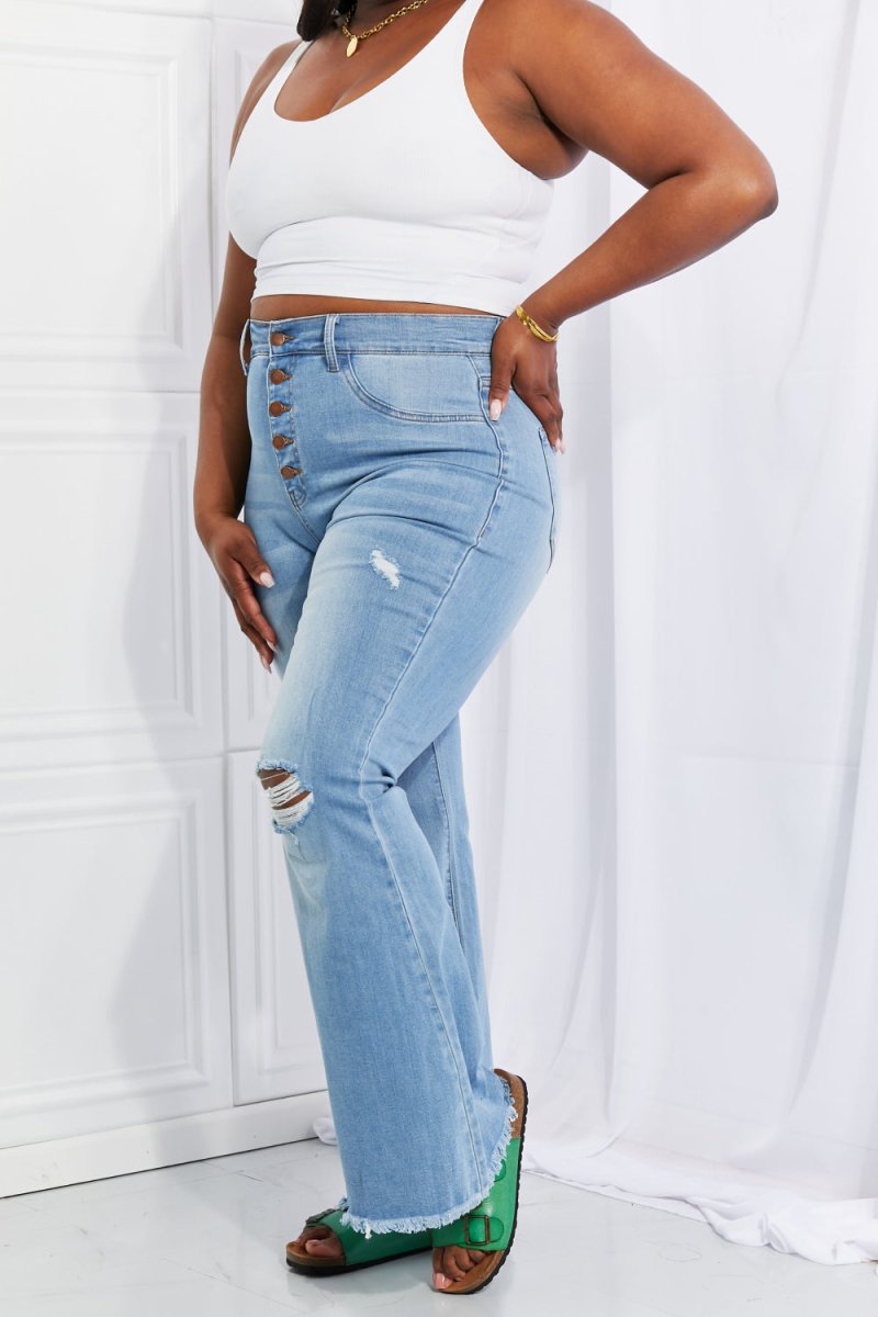 Vibrant MIU Full Size Jess Button Flare Jeans - Bottoms