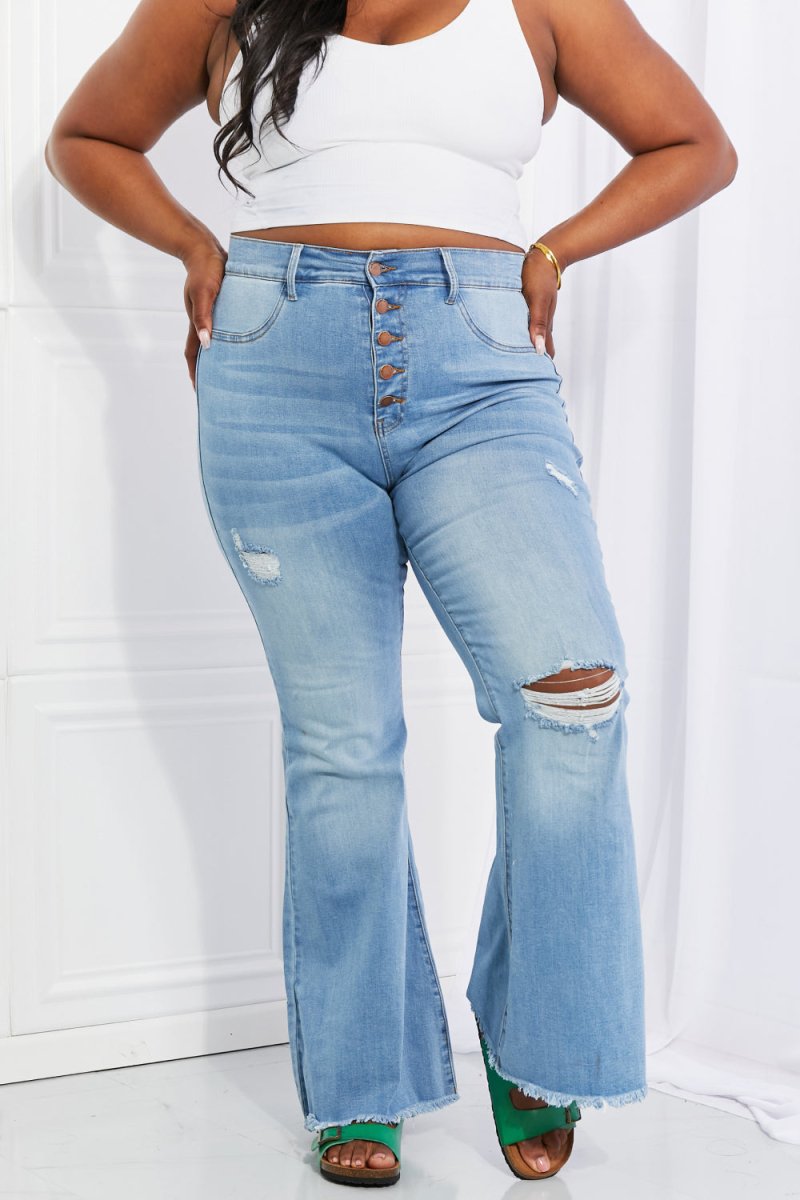 Vibrant MIU Full Size Jess Button Flare Jeans - Bottoms