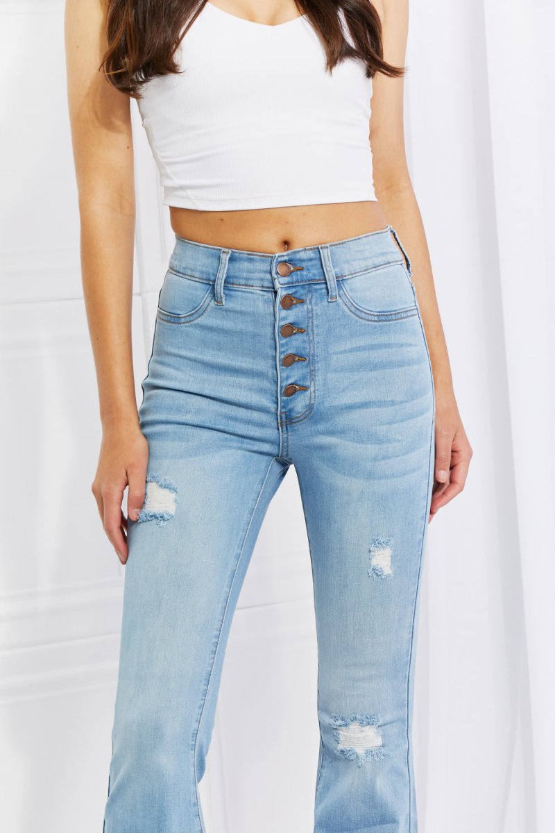 Vibrant MIU Full Size Jess Button Flare Jeans - Bottoms