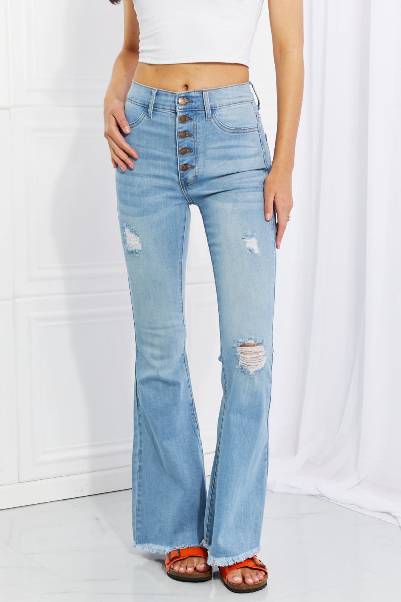 Vibrant MIU Full Size Jess Button Flare Jeans - Bottoms