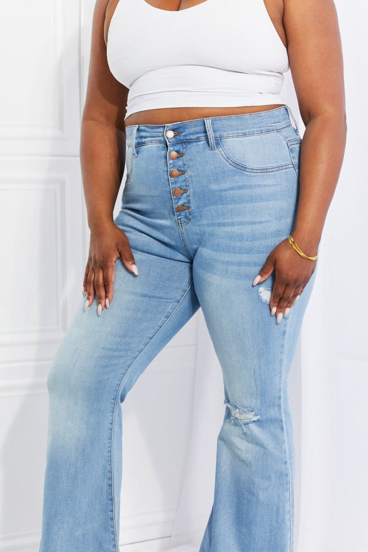 Vibrant MIU Full Size Jess Button Flare Jeans - Bottoms