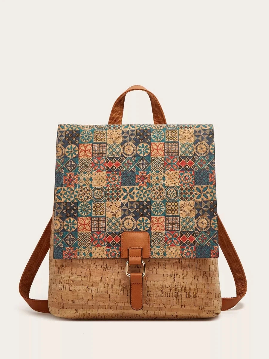 Vintage Bark Print Flap Backpack - 