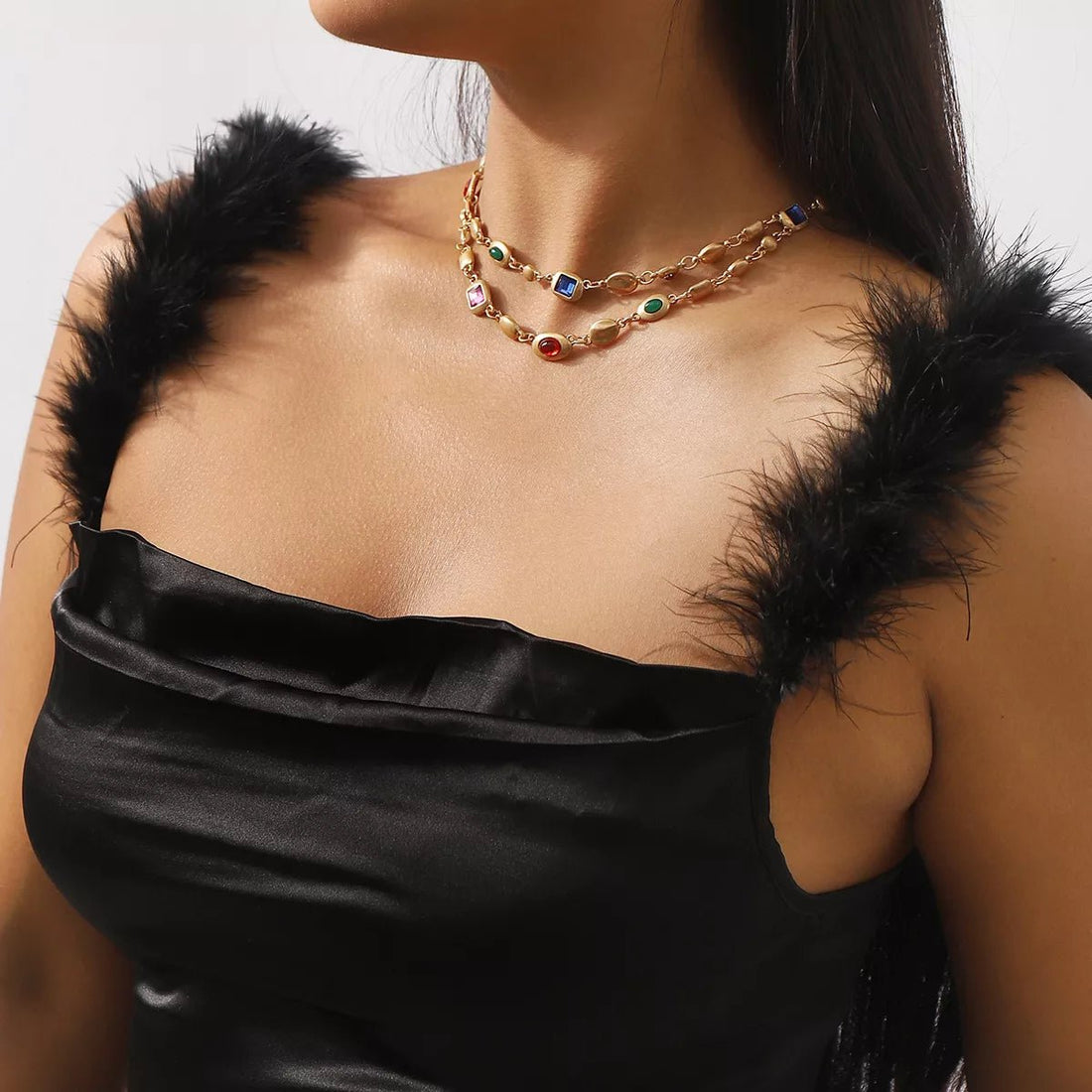 Vintage Multi - Gemstone Double Layered Necklace - 
