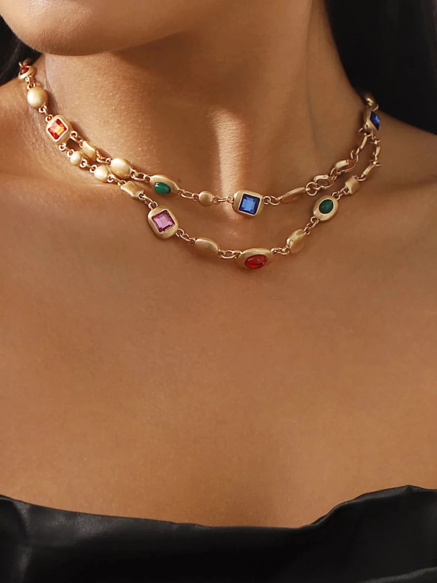 Vintage Multi - Gemstone Double Layered Necklace - 