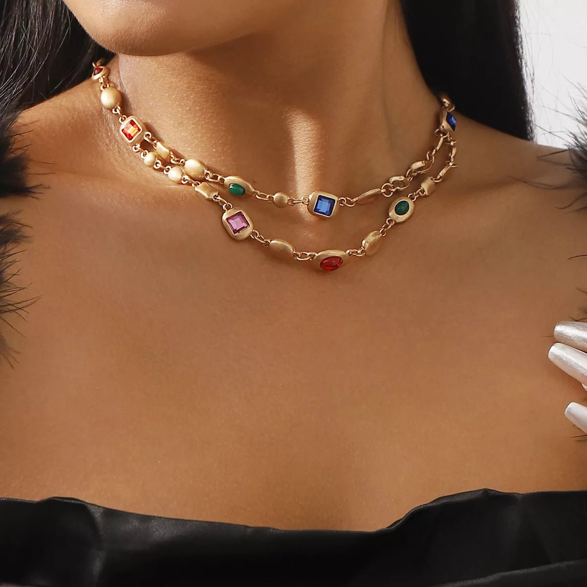 Vintage Multi - Gemstone Double Layered Necklace - 
