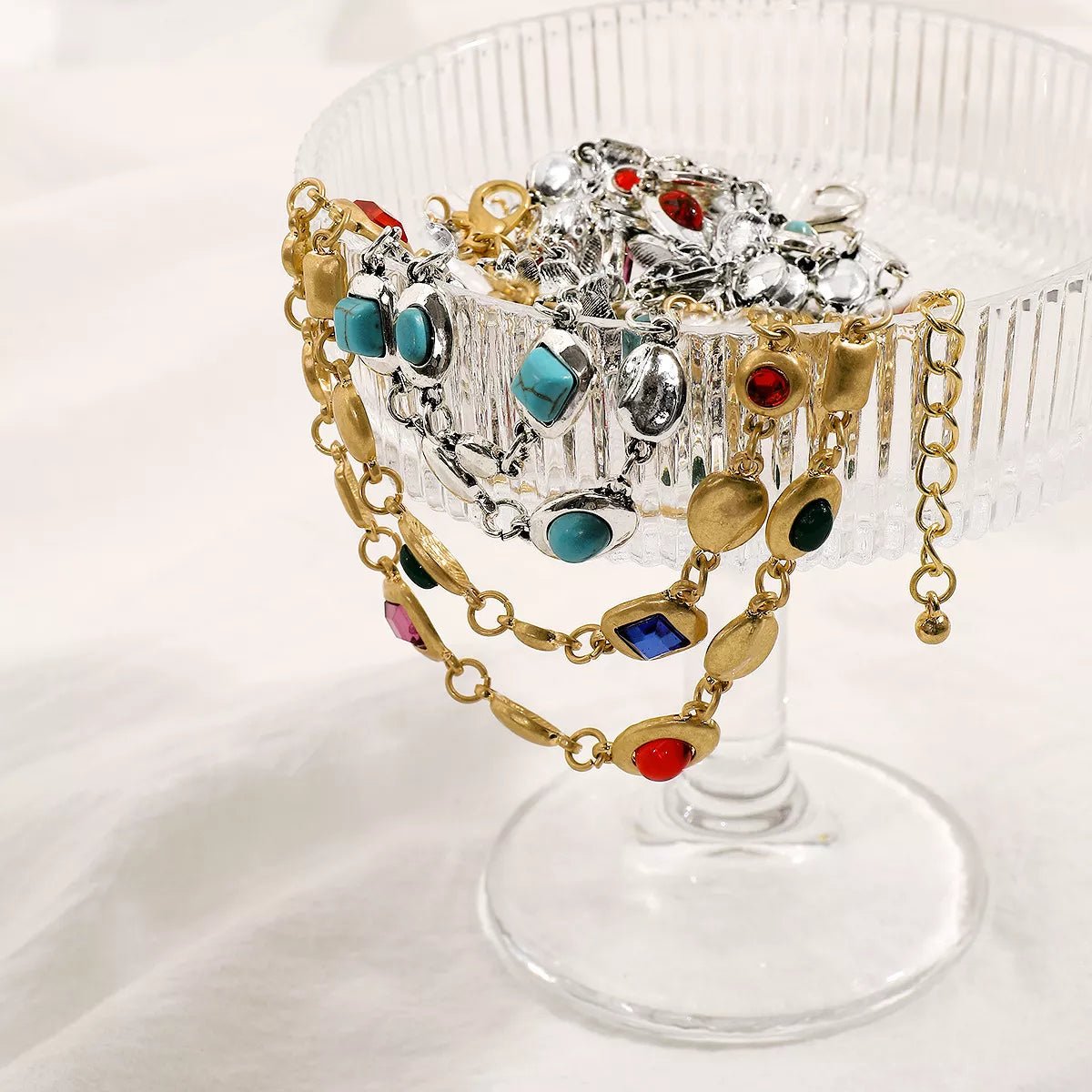Vintage Multi - Gemstone Double Layered Necklace - 