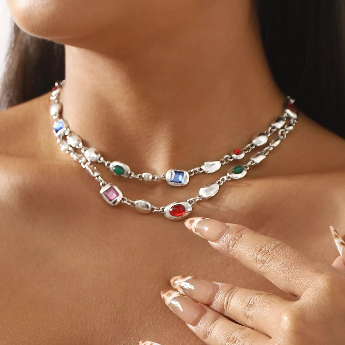 Vintage Multi - Gemstone Double Layered Necklace - 