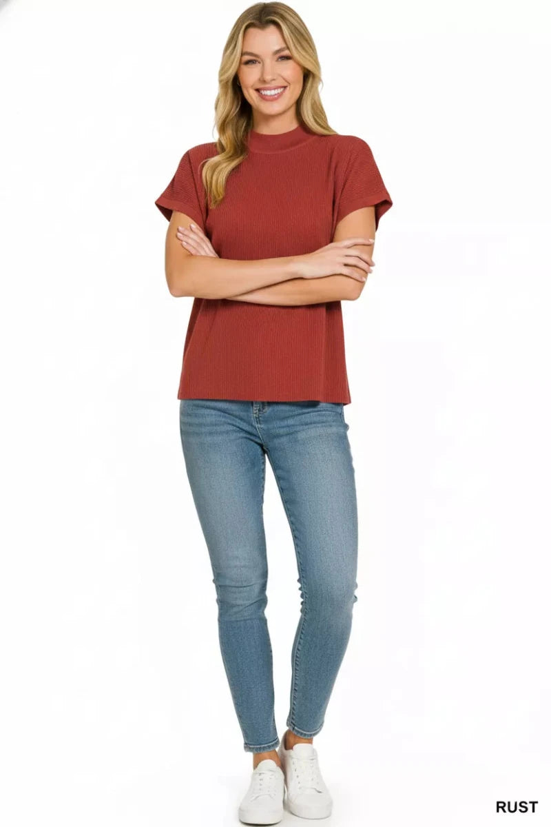 Viscose Mock Neck Sweater - Short Sleeve - 