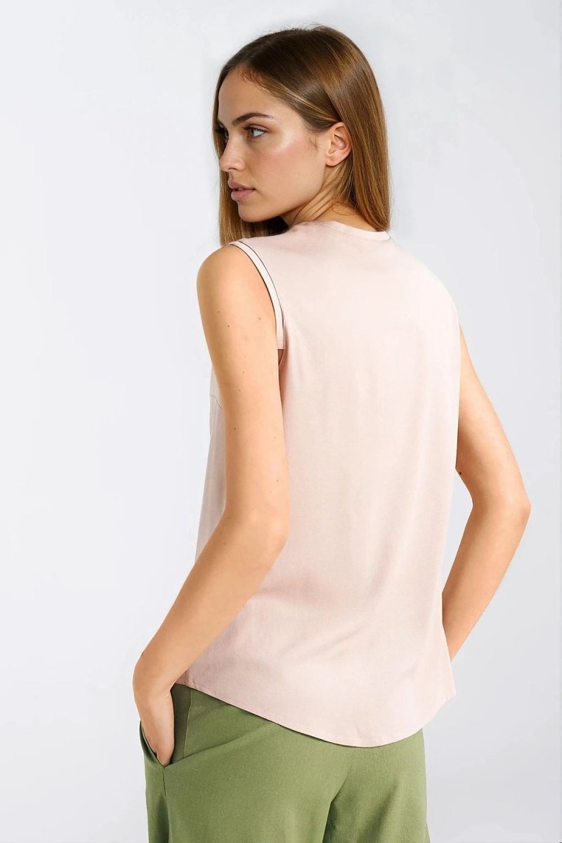 Viscose V - Neck Sleeveless Blouse - Beige - 