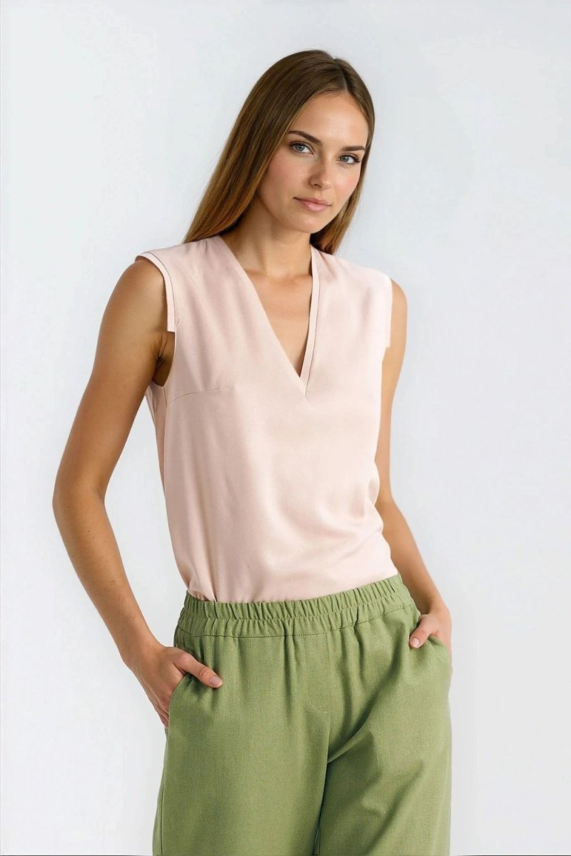 Viscose V - Neck Sleeveless Blouse - Beige - 