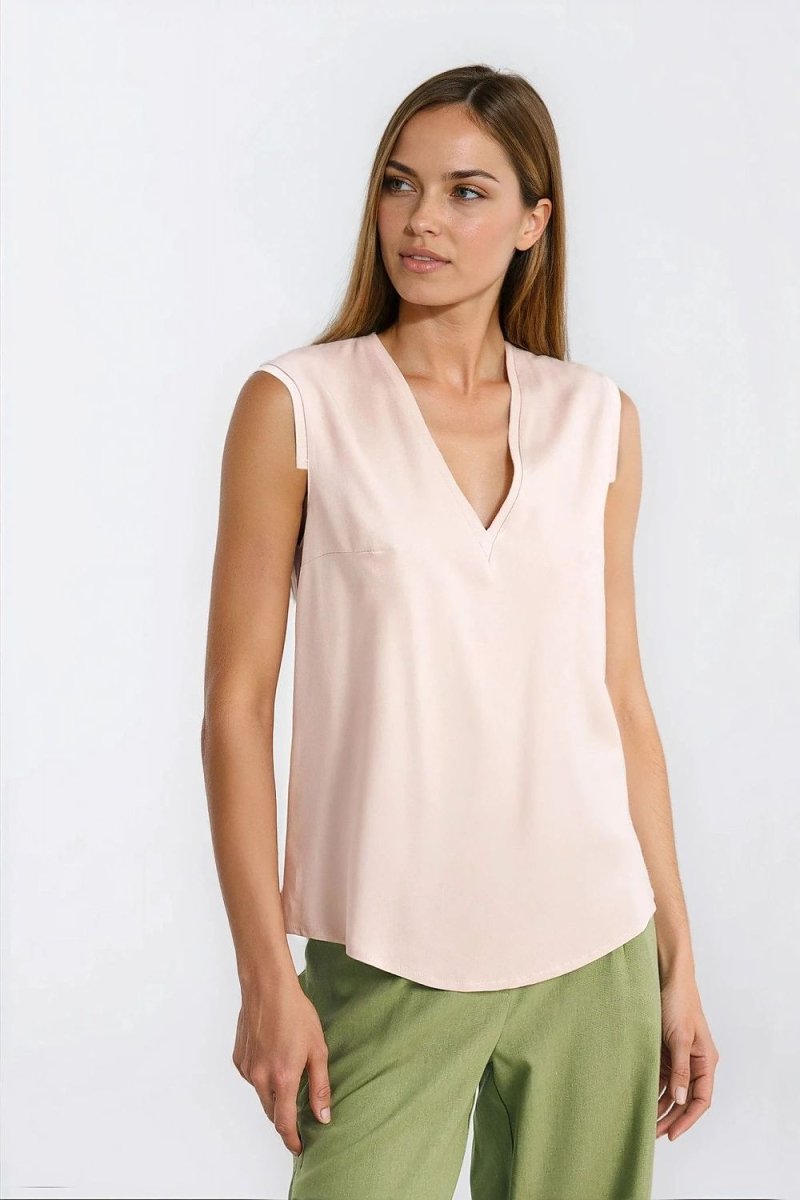 Viscose V - Neck Sleeveless Blouse - Beige - 