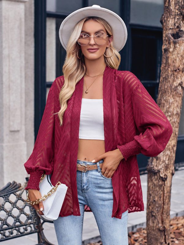 Women's casual solid color loose jacquard cardigan top