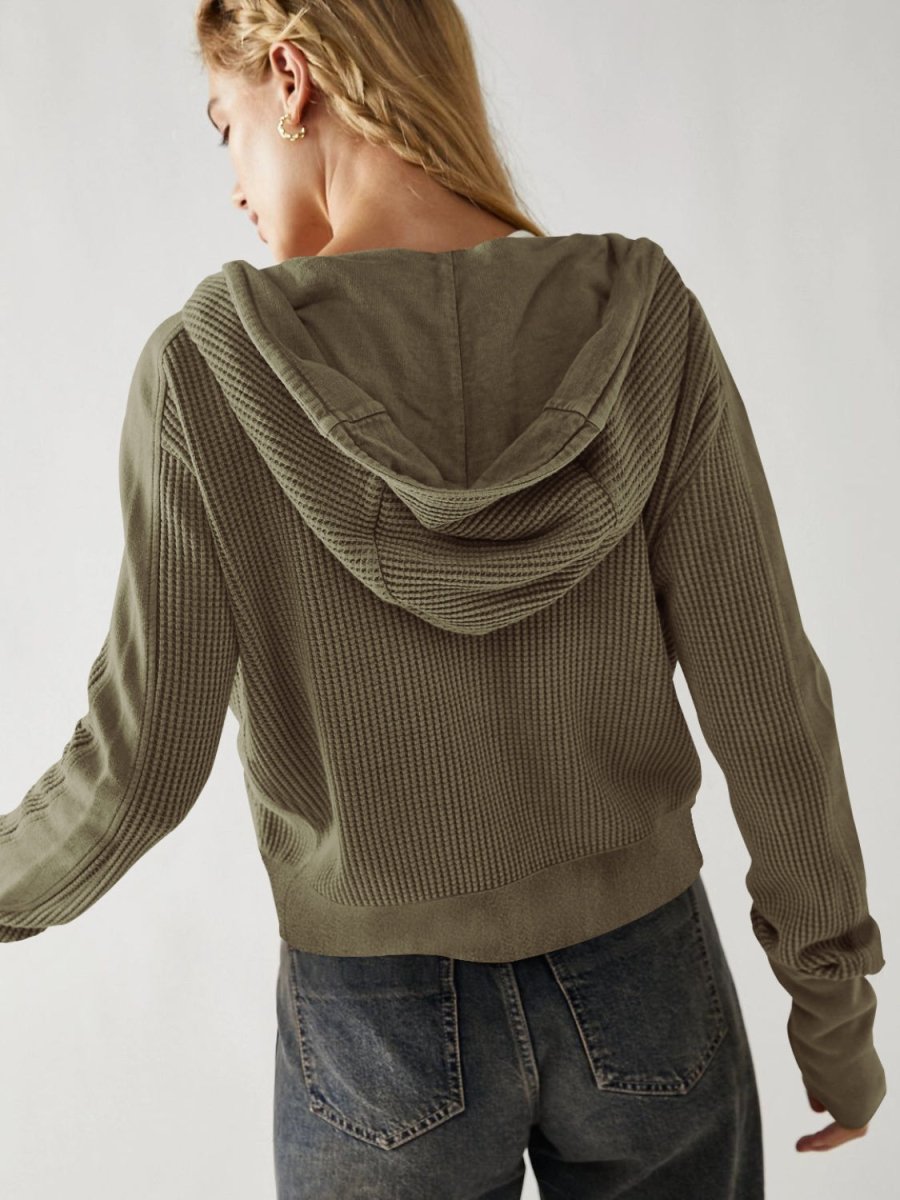 Waffle - Knit Dropped Shoulder Hooded Jacket - Outerwear