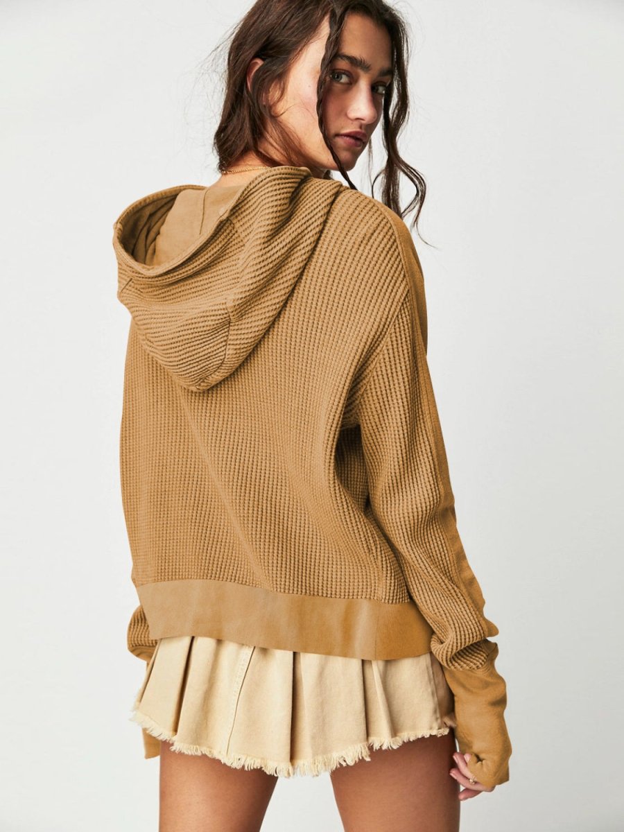 Waffle - Knit Dropped Shoulder Hooded Jacket - Outerwear