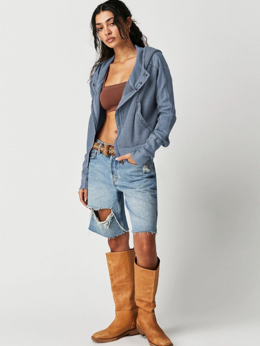 Waffle - Knit Dropped Shoulder Hooded Jacket - Outerwear