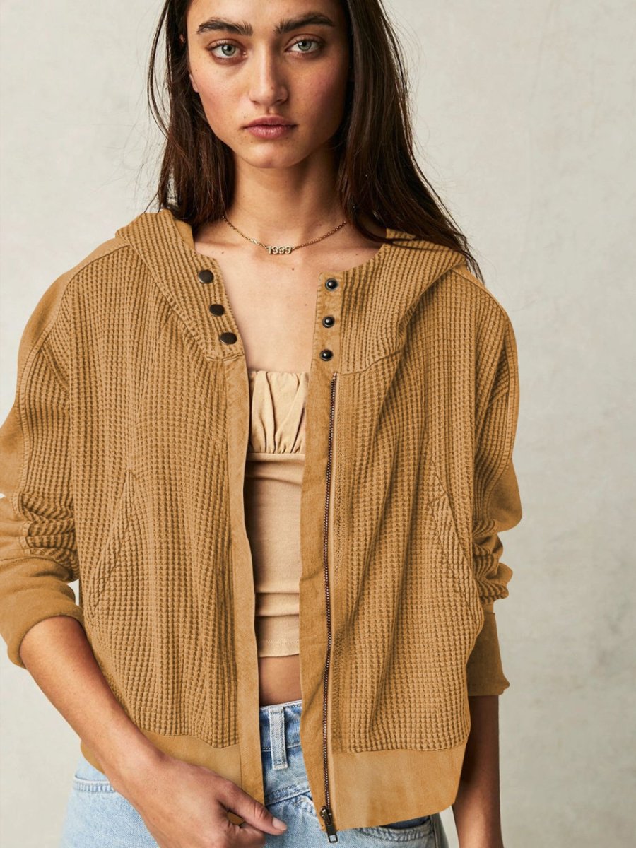 Waffle - Knit Dropped Shoulder Hooded Jacket - Outerwear